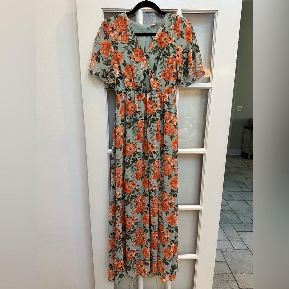 Vanilla Bay Cottagecore Chic Floral Maxi Dress Sage Coral Coastal Beach Size S
